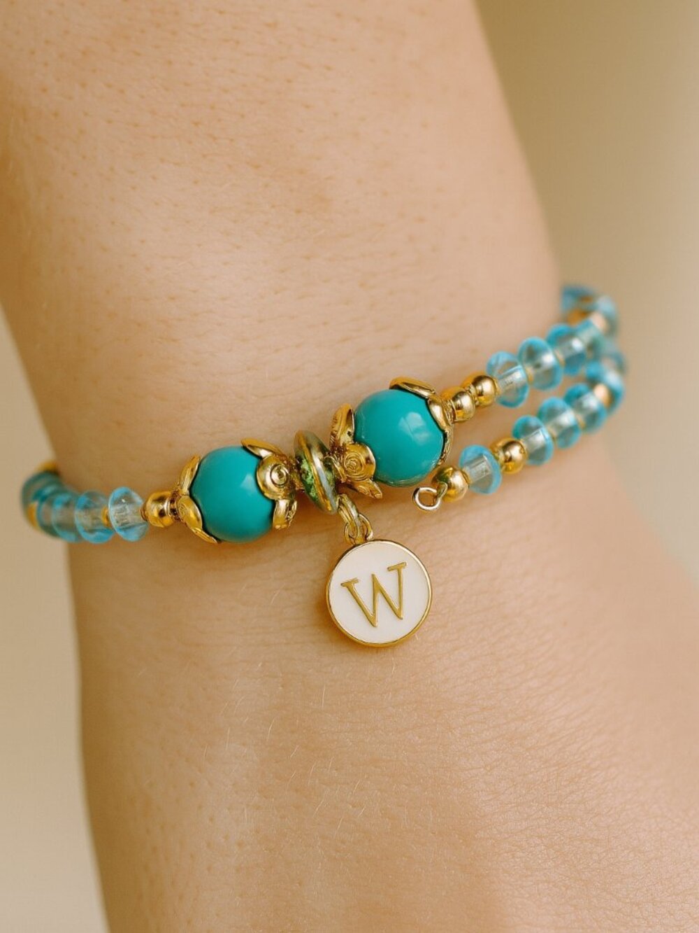 Double Wrap Memory Wire Bracelet • Turquoise & Gold • Choose Your Initial Charm